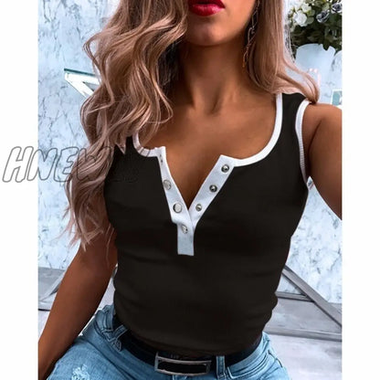 Hnewly New Summer Women Half-open Button Knit Tank Tops V-Neck Sleeveless  Slim Splice Tops Oversize S-5XL Woman Street Vest Shirt Tee