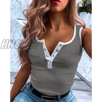 Hnewly New Summer Women Half-open Button Knit Tank Tops V-Neck Sleeveless  Slim Splice Tops Oversize S-5XL Woman Street Vest Shirt Tee