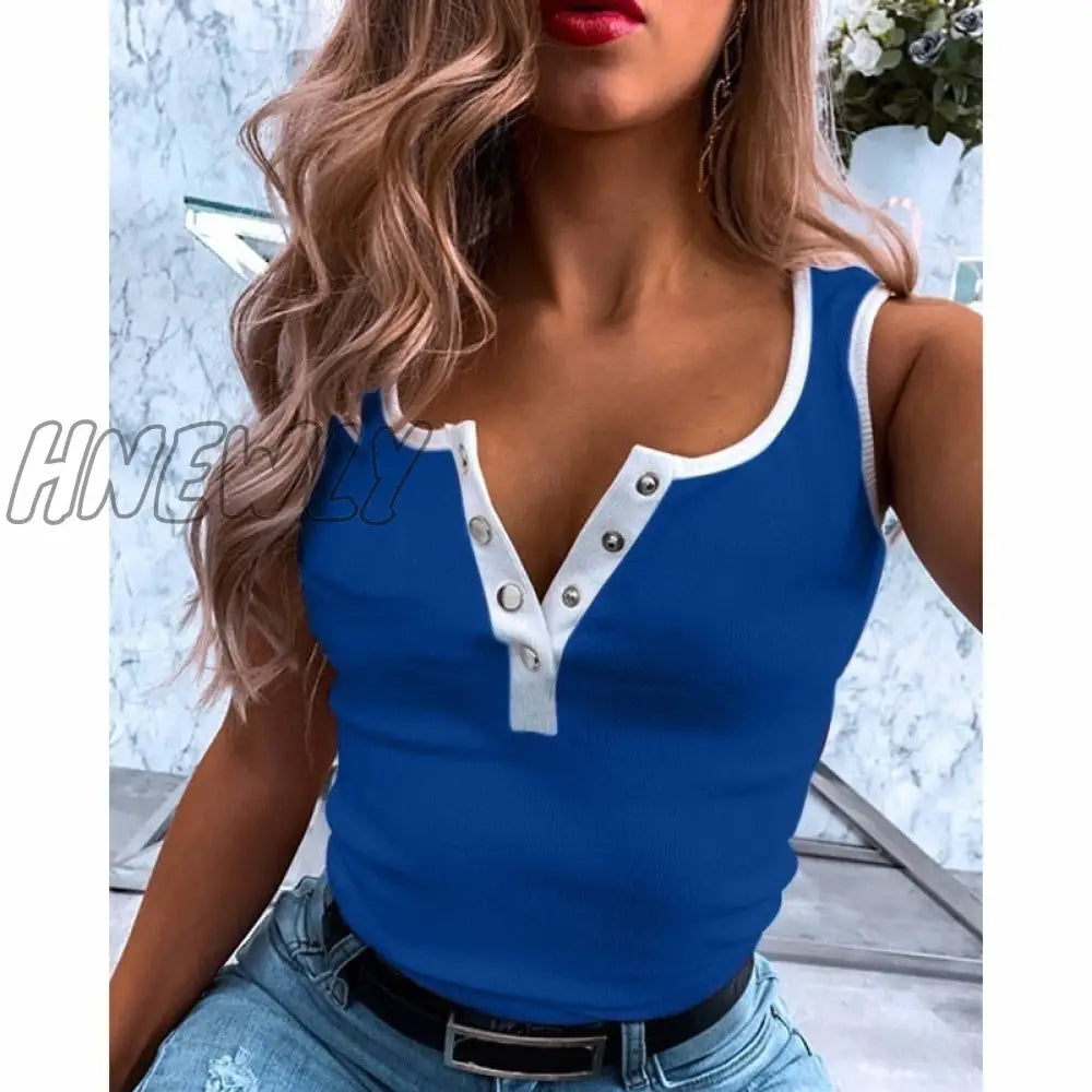 Hnewly New Summer Women Half-open Button Knit Tank Tops V-Neck Sleeveless  Slim Splice Tops Oversize S-5XL Woman Street Vest Shirt Tee