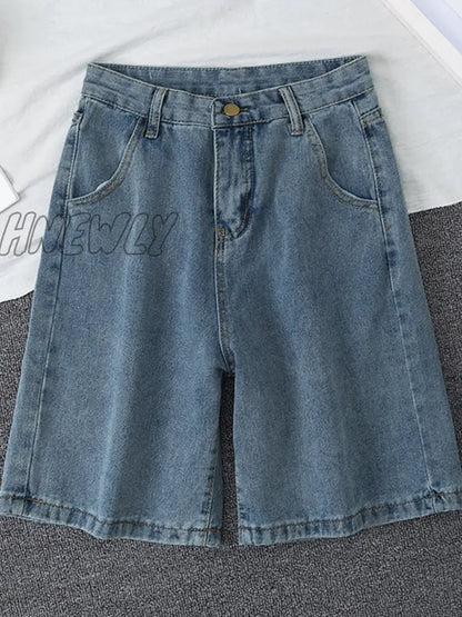 xsrrr New Summer Women High Waist Blue Wide Leg Denim Shorts Casual Female Solid Streetwear Stright Jeans Bermuda Shorts