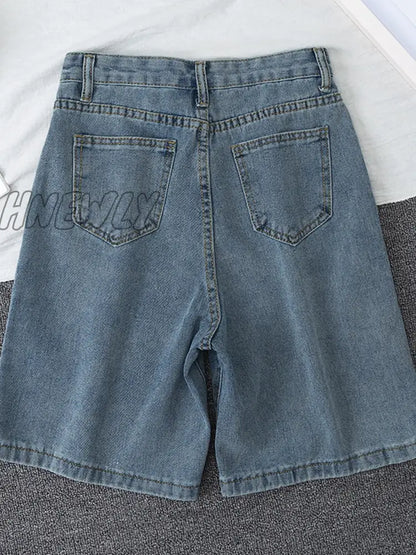 xsrrr New Summer Women High Waist Blue Wide Leg Denim Shorts Casual Female Solid Streetwear Stright Jeans Bermuda Shorts