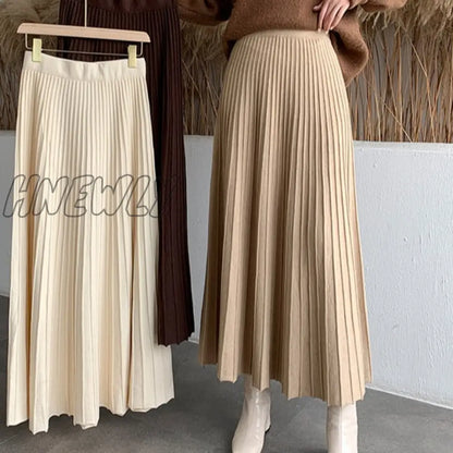 Hnewly New Thicken Women's Knitted A-line Skirt Elegant Autumn Winter Solid Color High Waist Warm Long Skirts Female