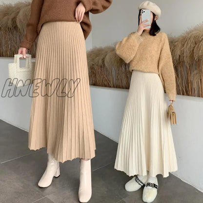 Hnewly New Thicken Women's Knitted A-line Skirt Elegant Autumn Winter Solid Color High Waist Warm Long Skirts Female