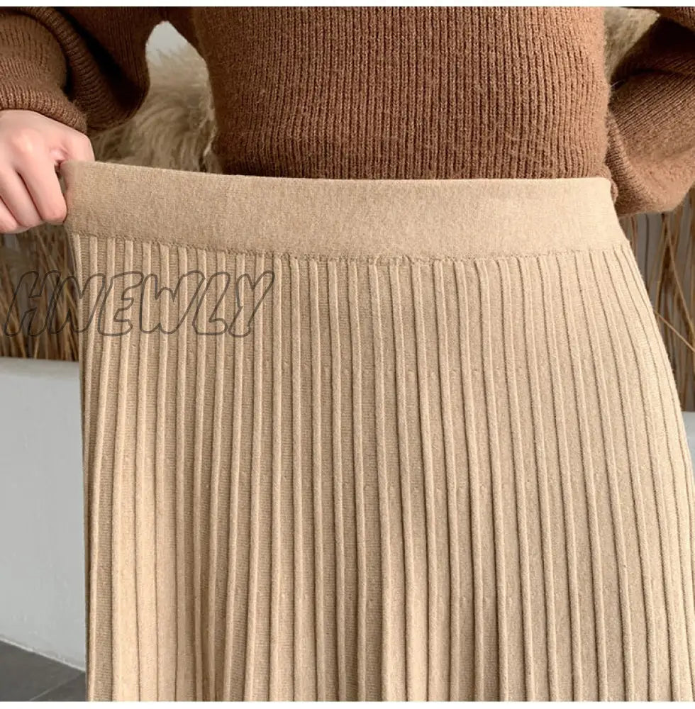 Hnewly New Thicken Women's Knitted A-line Skirt Elegant Autumn Winter Solid Color High Waist Warm Long Skirts Female