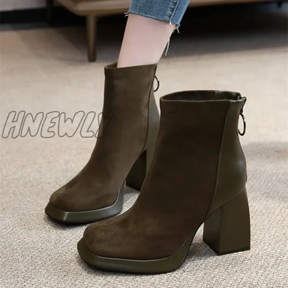 Hnewly New Winter Comfortable Mid-Calf Square Toe Zipper Thick Heel Solid Color Slip-on Warm Fashion Women's Boots