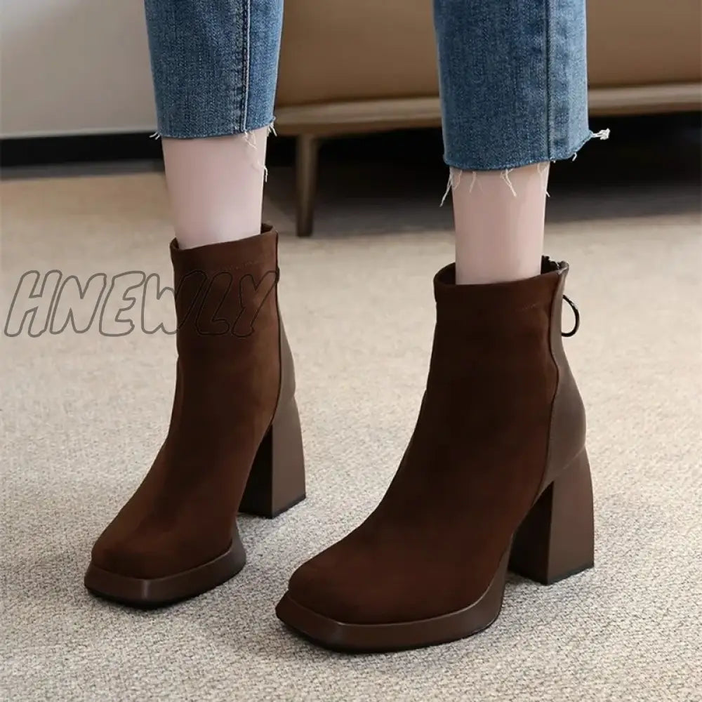 Hnewly New Winter Comfortable Mid-Calf Square Toe Zipper Thick Heel Solid Color Slip-on Warm Fashion Women's Boots