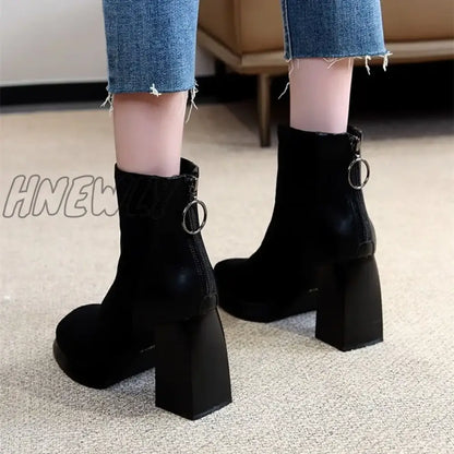 Hnewly New Winter Comfortable Mid-Calf Square Toe Zipper Thick Heel Solid Color Slip-on Warm Fashion Women's Boots