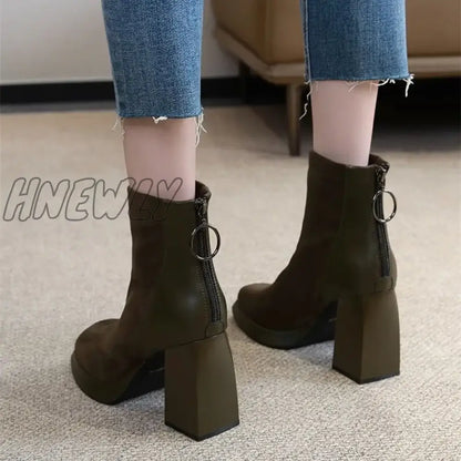 Hnewly New Winter Comfortable Mid-Calf Square Toe Zipper Thick Heel Solid Color Slip-on Warm Fashion Women's Boots