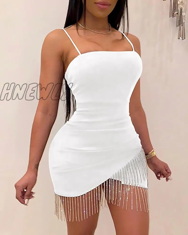 xsrrr New Woman Party Night Birthday Tassel Split Sleeveless Bodycon Dress Summer Elegant Suspender Short Mini Pencil Sexy Dresses