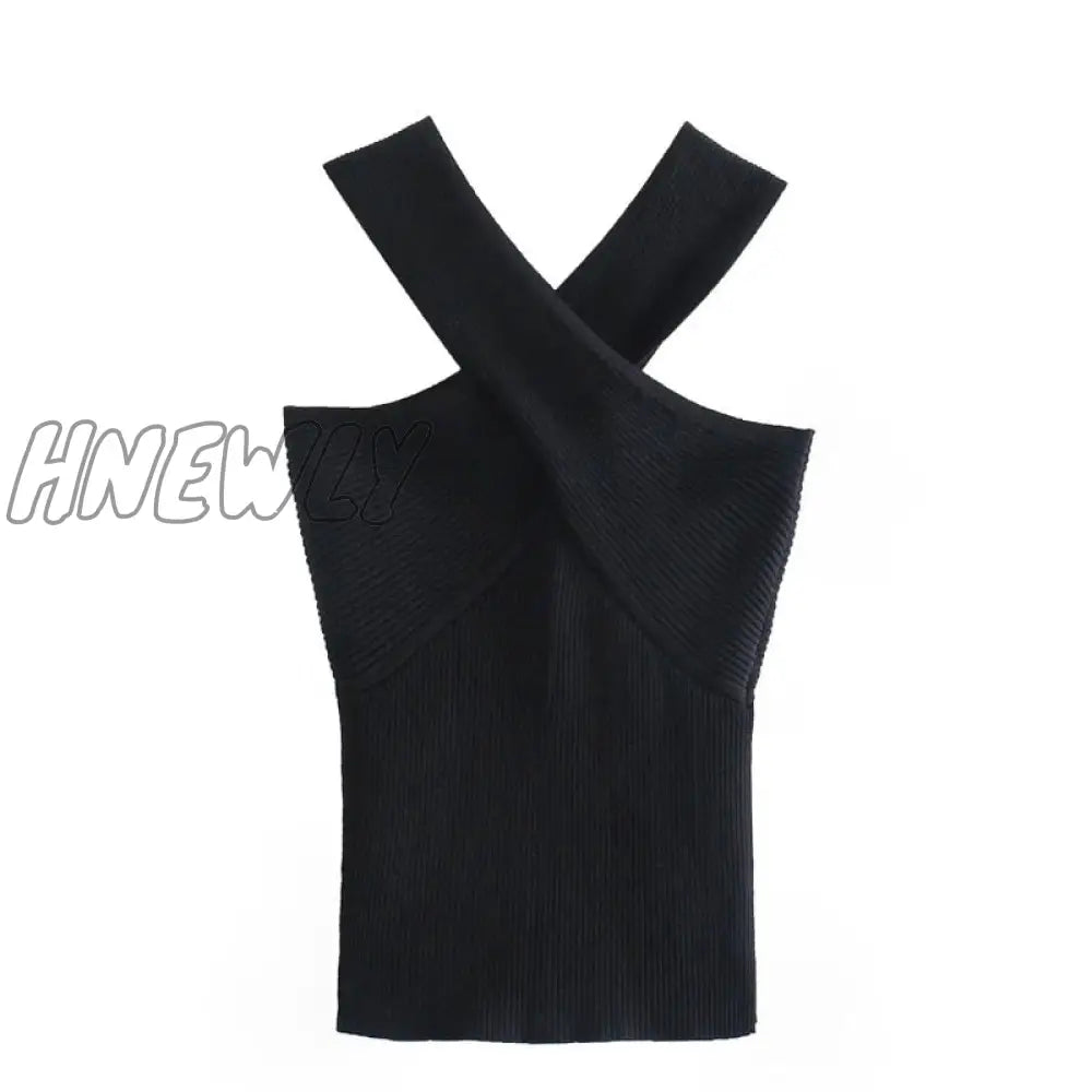 xsrrr New Women Chic Sexy Cross Strap Black Knitting Camis Tank High Street Ladies Summer Slim Crop Tops SW835