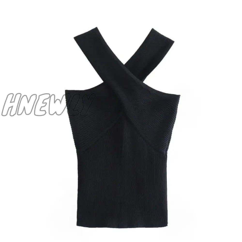 xsrrr New Women Chic Sexy Cross Strap Black Knitting Camis Tank High Street Ladies Summer Slim Crop Tops SW835