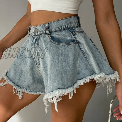 Hnewly New Women Denim Shorts With Holes And High Waist Loose Tassel Jeans S-XXL Street Wear Trendy Summer Fits