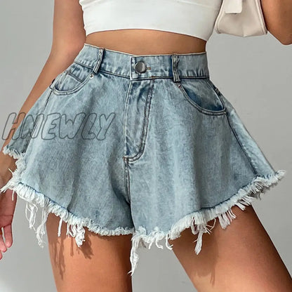 Hnewly New Women Denim Shorts With Holes And High Waist Loose Tassel Jeans S-XXL Street Wear Trendy Summer Fits