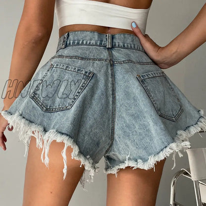 Hnewly New Women Denim Shorts With Holes And High Waist Loose Tassel Jeans S-XXL Street Wear Trendy Summer Fits