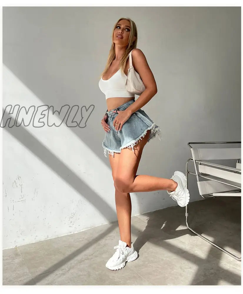 Hnewly New Women Denim Shorts With Holes And High Waist Loose Tassel Jeans S-XXL Street Wear Trendy Summer Fits