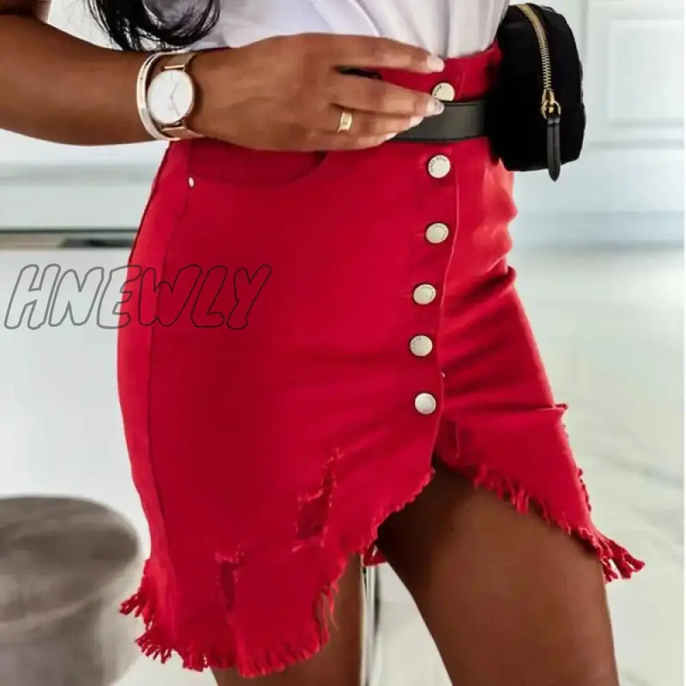 xsrrr New Women Hole Denim Skirt Single-breasted Brushed Decoration Irregular Hem Summer Clothing Female Sexy High Waist Mini Skirts