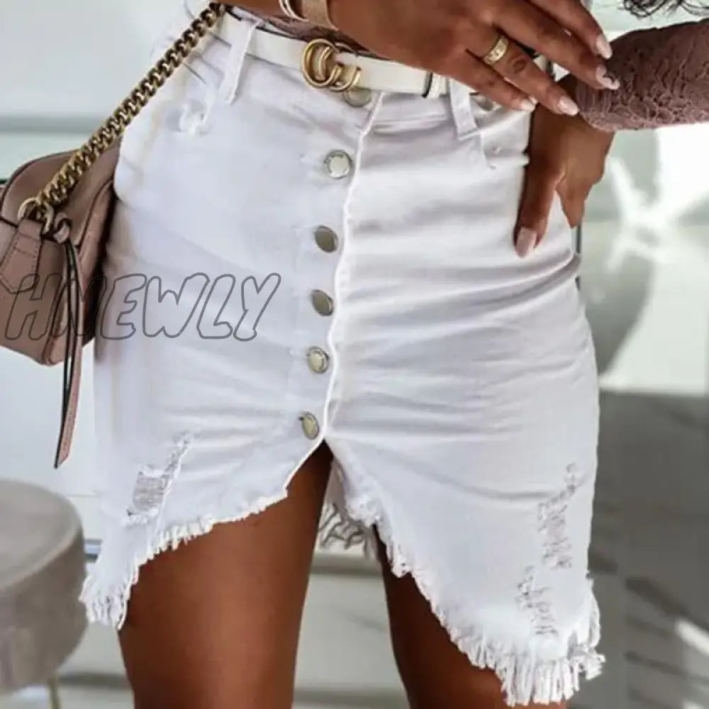 xsrrr New Women Hole Denim Skirt Single-breasted Brushed Decoration Irregular Hem Summer Clothing Female Sexy High Waist Mini Skirts