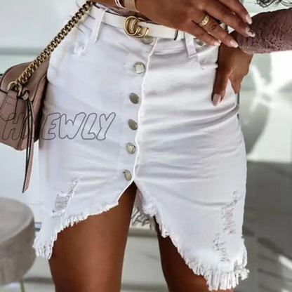 xsrrr New Women Hole Denim Skirt Single-breasted Brushed Decoration Irregular Hem Summer Clothing Female Sexy High Waist Mini Skirts