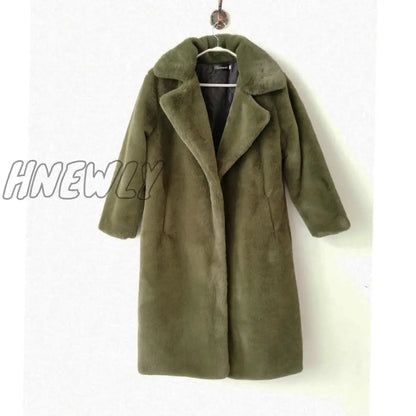 Hnewly New Women Winter Warm Faux Fur Coat Thick Women Long Coat Turn Down Collar Women Warm Coat With Belt Casaco Feminino