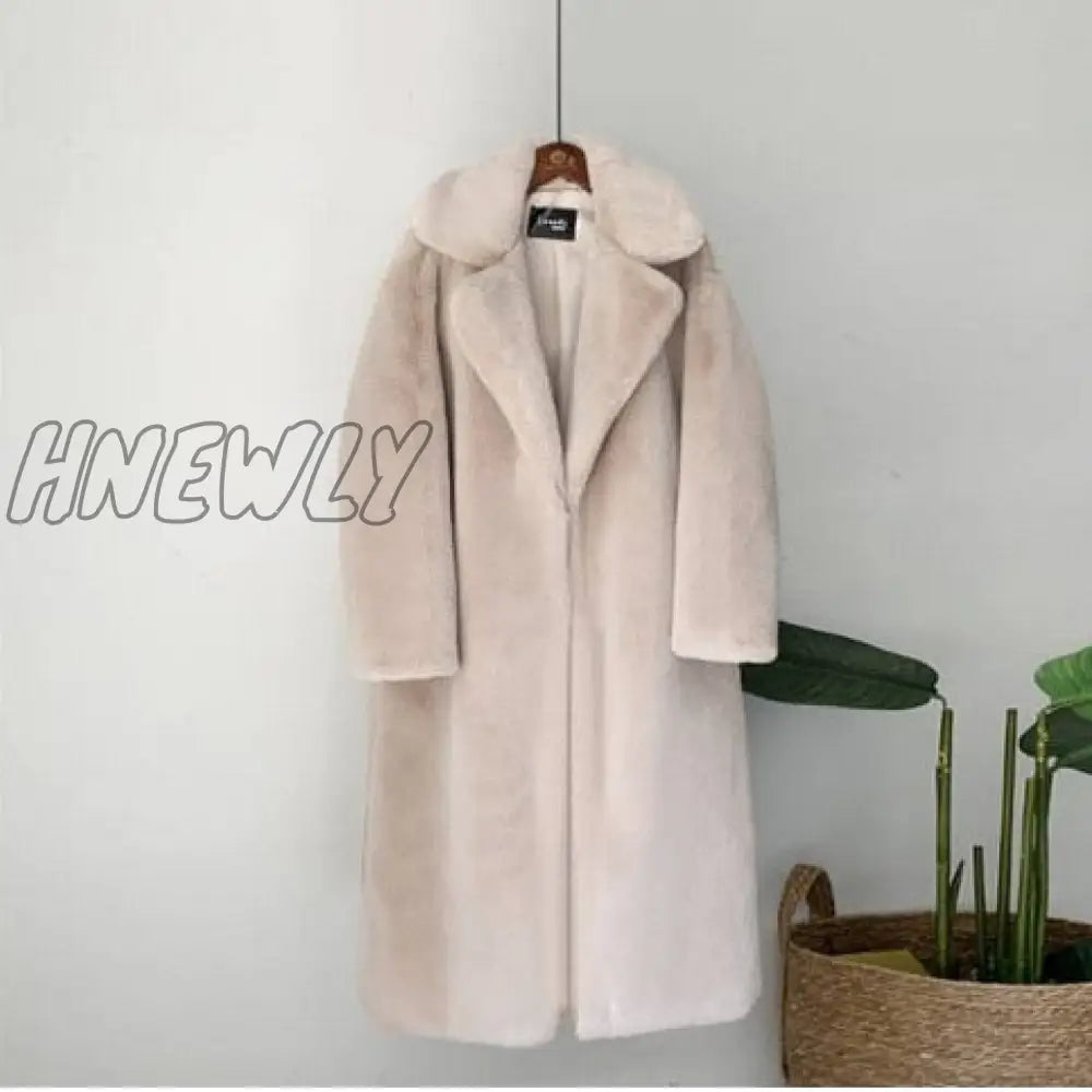 Hnewly New Women Winter Warm Faux Fur Coat Thick Women Long Coat Turn Down Collar Women Warm Coat With Belt Casaco Feminino