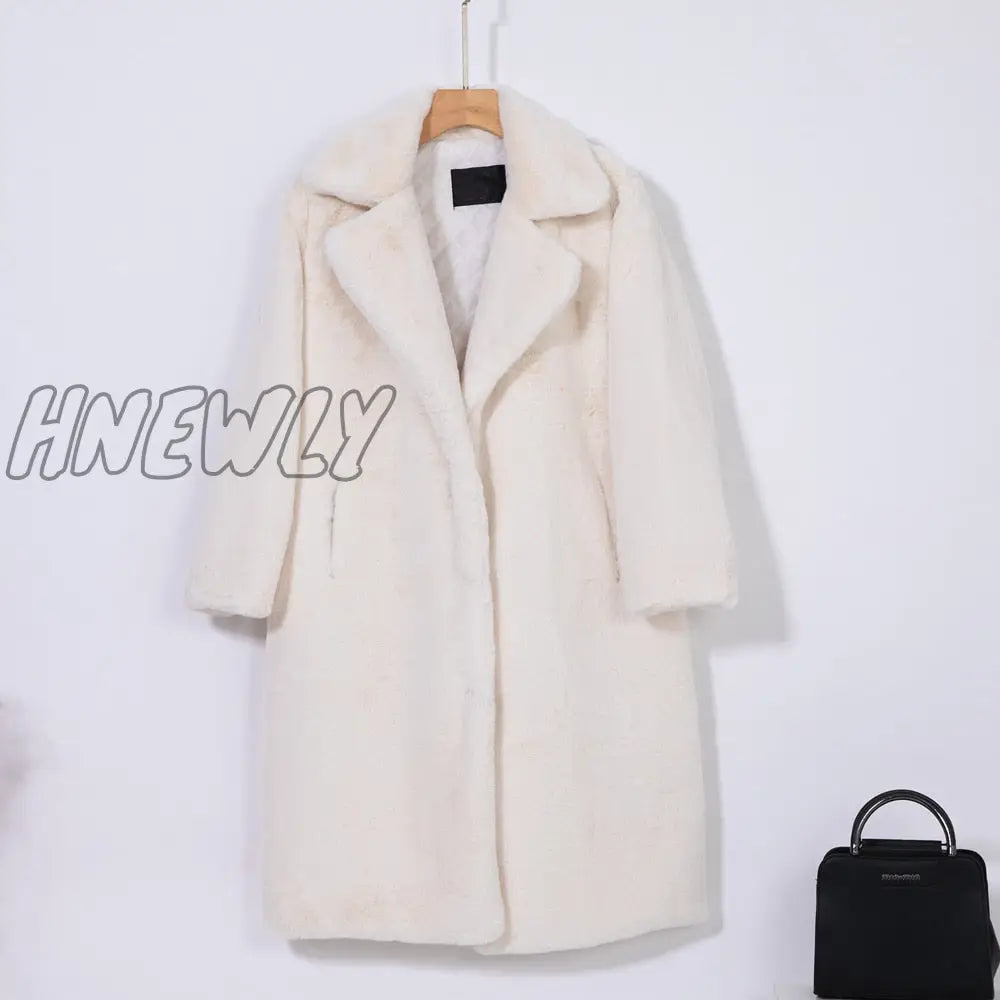 Hnewly New Women Winter Warm Faux Fur Coat Thick Women Long Coat Turn Down Collar Women Warm Coat With Belt Casaco Feminino