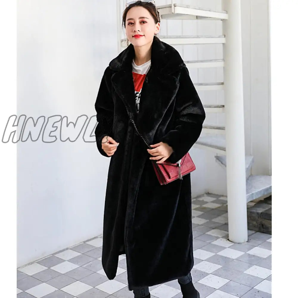 Hnewly New Women Winter Warm Faux Fur Coat Thick Women Long Coat Turn Down Collar Women Warm Coat With Belt Casaco Feminino