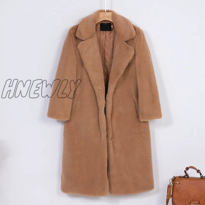 Hnewly New Women Winter Warm Faux Fur Coat Thick Women Long Coat Turn Down Collar Women Warm Coat With Belt Casaco Feminino