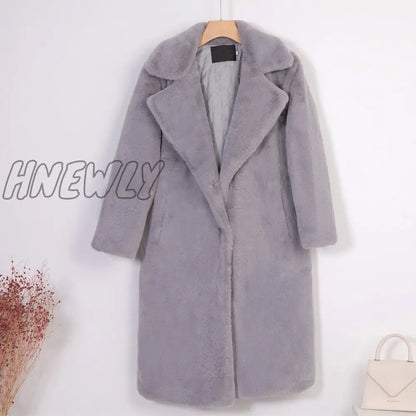 Hnewly New Women Winter Warm Faux Fur Coat Thick Women Long Coat Turn Down Collar Women Warm Coat With Belt Casaco Feminino