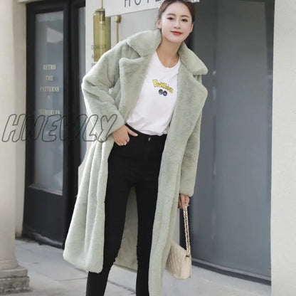 Hnewly New Women Winter Warm Faux Fur Coat Thick Women Long Coat Turn Down Collar Women Warm Coat With Belt Casaco Feminino