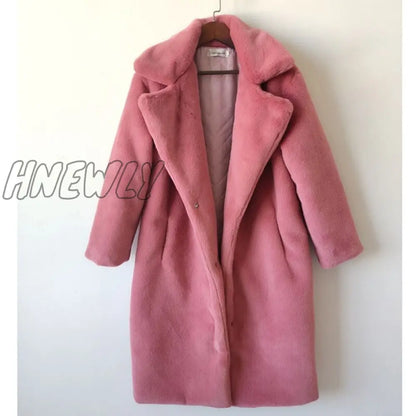 Hnewly New Women Winter Warm Faux Fur Coat Thick Women Long Coat Turn Down Collar Women Warm Coat With Belt Casaco Feminino