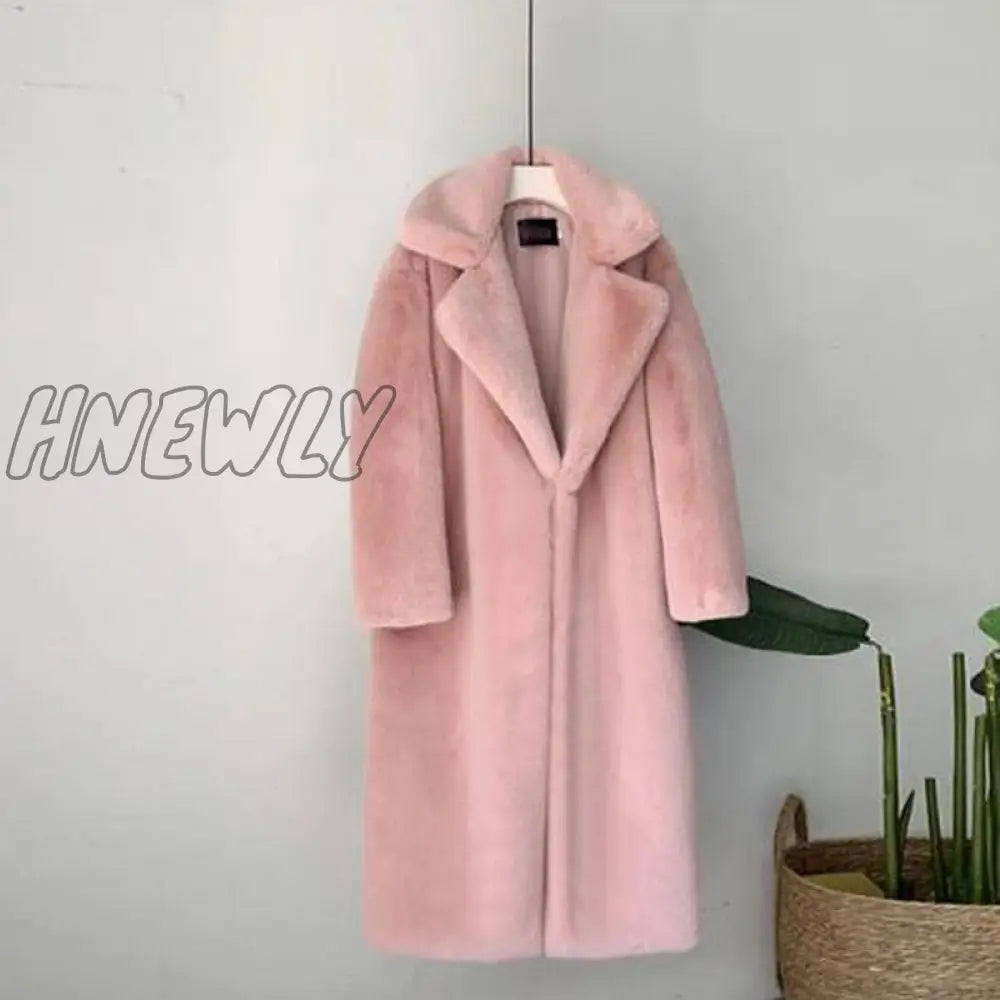 Hnewly New Women Winter Warm Faux Fur Coat Thick Women Long Coat Turn Down Collar Women Warm Coat With Belt Casaco Feminino