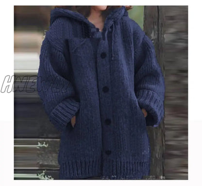 Hnewly New Women's Cardigans Sweater Coat Warm Sweater Coats Loose Wool Knitted Coat Autumn Winter Women Long Cardigan Oversized Hooded