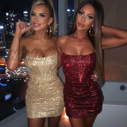 xsrrr Night Club Party Woman Dress Sexy Bodycon Glitter Strapless Mini Dresses Summer Elegant Ruched Christmas Red Vestidos