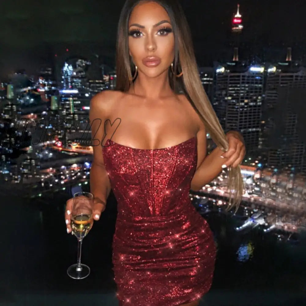 xsrrr Night Club Party Woman Dress Sexy Bodycon Glitter Strapless Mini Dresses Summer Elegant Ruched Christmas Red Vestidos