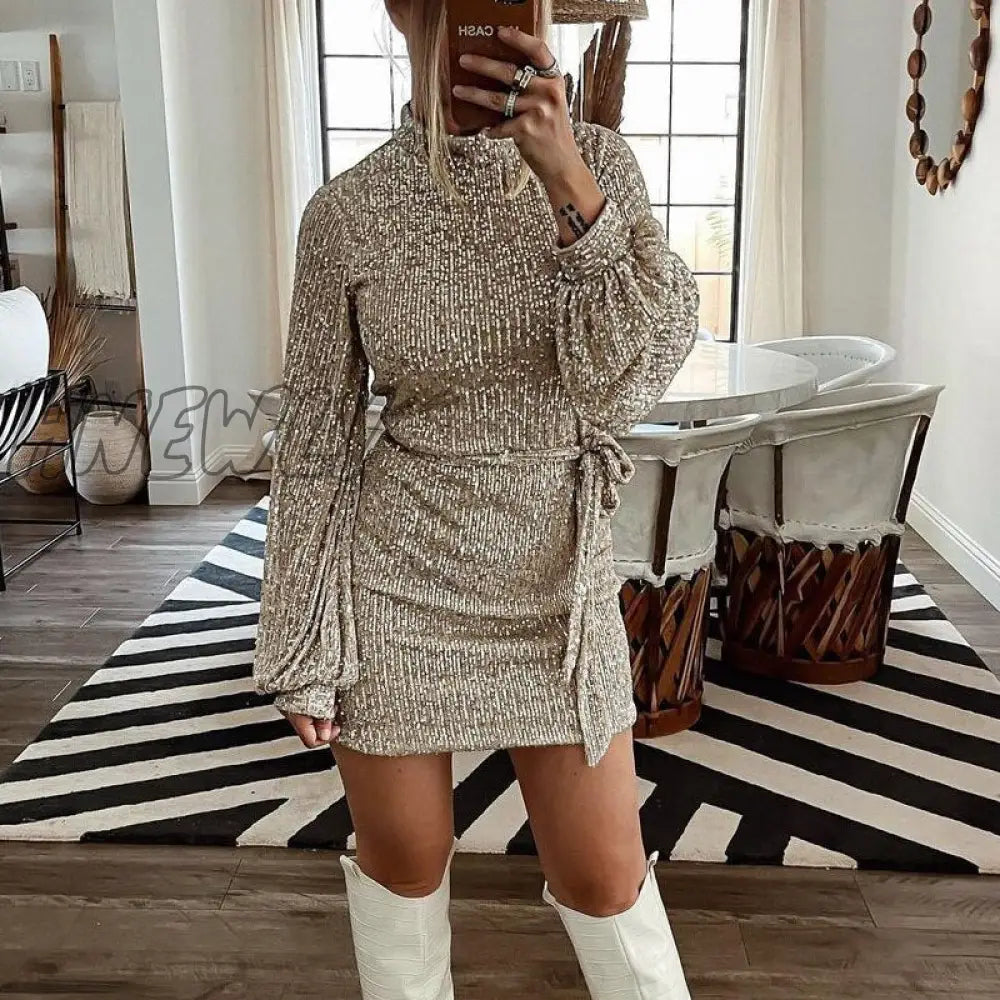 xsrrr Nye Outfits Autumn Winter Elegant Solid Sequin Party Dress Women Casual Long Sleeve A-Line Dress Lady Fashion Shiny Loose Mini Dress Vestido