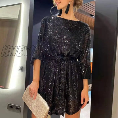 xsrrr Nye Outfits Autumn Winter Elegant Solid Sequin Party Dress Women Casual Long Sleeve A-Line Dress Lady Fashion Shiny Loose Mini Dress Vestido