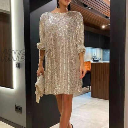 xsrrr Nye Outfits Autumn Winter Elegant Solid Sequin Party Dress Women Casual Long Sleeve A-Line Dress Lady Fashion Shiny Loose Mini Dress Vestido