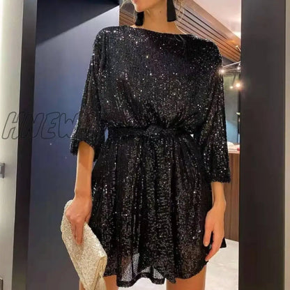 xsrrr Nye Outfits Autumn Winter Elegant Solid Sequin Party Dress Women Casual Long Sleeve A-Line Dress Lady Fashion Shiny Loose Mini Dress Vestido