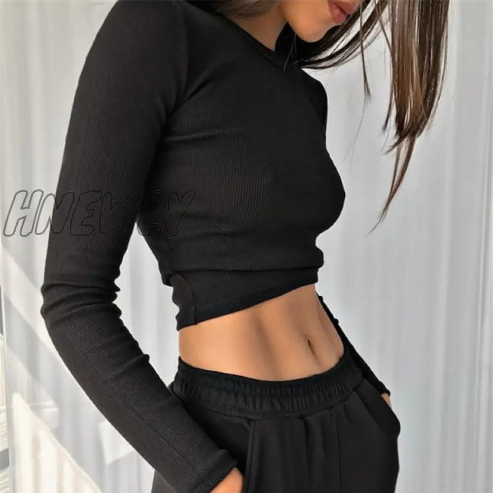 xsrrr O Neck Long Sleeve Shirt Women Ribbed Sexy Cropped Tops Spring Black Casual Skinny Slim Basic Woman T Shirts White