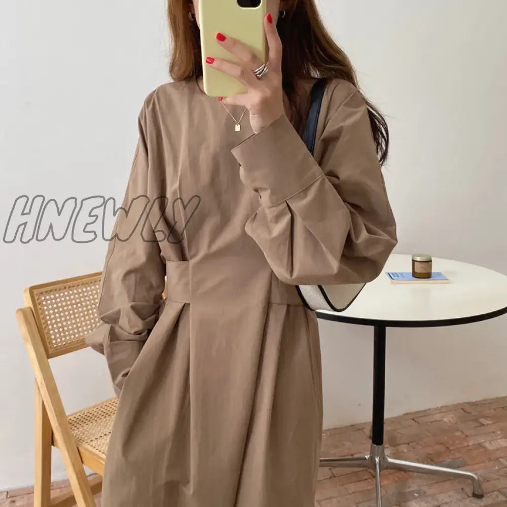 xsrrr O Neck Maxi Dresses Spring Fall Women Casual A Line Loose Tie Long Sleeve Long Dress 3 Colors 2024 New