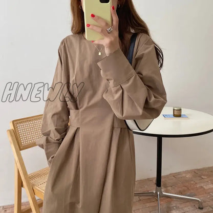 xsrrr O Neck Maxi Dresses Spring Fall Women Casual A Line Loose Tie Long Sleeve Long Dress 3 Colors 2024 New