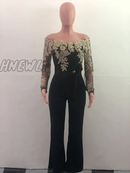 xsrrr Off Shoulder Sexy Lace Jumpsuit Summer Fashion Clothing Wide Leg Jumpsuit Long Sleeve Elegant Bodycon Rompers One Piece Overalls