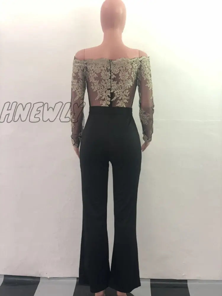 xsrrr Off Shoulder Sexy Lace Jumpsuit Summer Fashion Clothing Wide Leg Jumpsuit Long Sleeve Elegant Bodycon Rompers One Piece Overalls