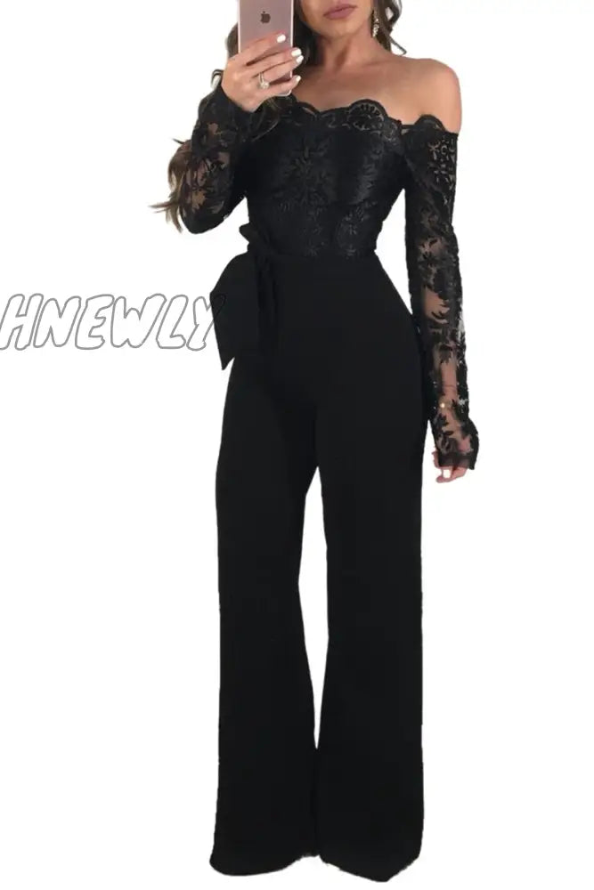 xsrrr Off Shoulder Sexy Lace Jumpsuit Summer Fashion Clothing Wide Leg Jumpsuit Long Sleeve Elegant Bodycon Rompers One Piece Overalls