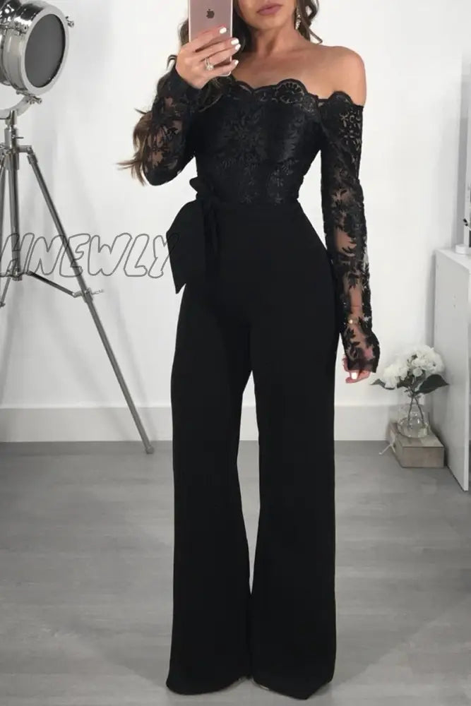 xsrrr Off Shoulder Sexy Lace Jumpsuit Summer Fashion Clothing Wide Leg Jumpsuit Long Sleeve Elegant Bodycon Rompers One Piece Overalls