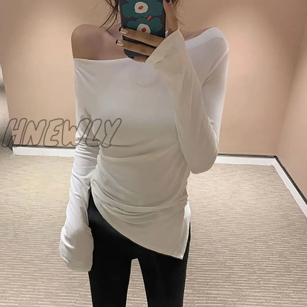 xsrrr Off Shoulder Tshirt Woman Backless Sexy T Shirt Women T-Shirt Long Sleeve Korean Style Slim Elasticity Womens Clothing Spring Outfits Trends