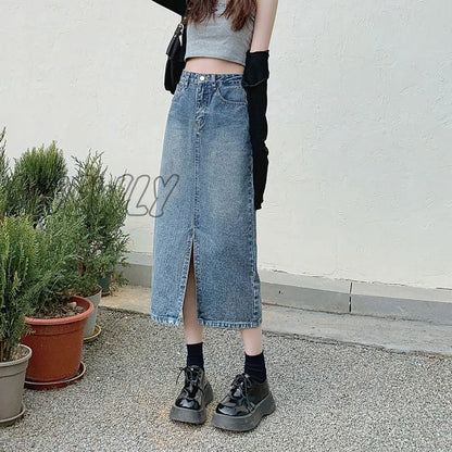 Hnewly Open Half Denim Skirt Women Summer New Y2k High Waist Long Skirt Female Package Hip Skirt Jean Skirts Long Tyle Harajuku