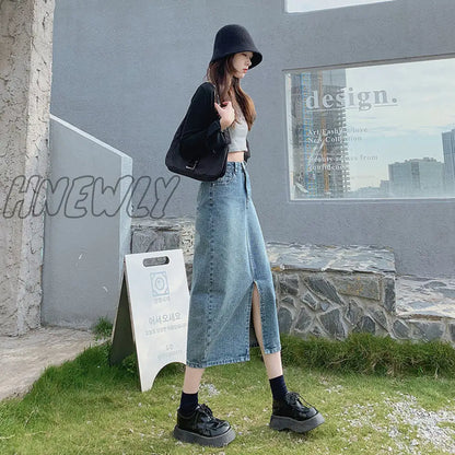 Hnewly Open Half Denim Skirt Women Summer New Y2k High Waist Long Skirt Female Package Hip Skirt Jean Skirts Long Tyle Harajuku