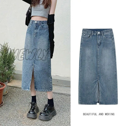 Hnewly Open Half Denim Skirt Women Summer New Y2k High Waist Long Skirt Female Package Hip Skirt Jean Skirts Long Tyle Harajuku