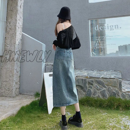 Hnewly Open Half Denim Skirt Women Summer New Y2k High Waist Long Skirt Female Package Hip Skirt Jean Skirts Long Tyle Harajuku